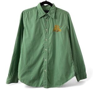 Ralph Lauren Sport Green Striped Button‎ Down Shirt Gold Crest Logo Size 14